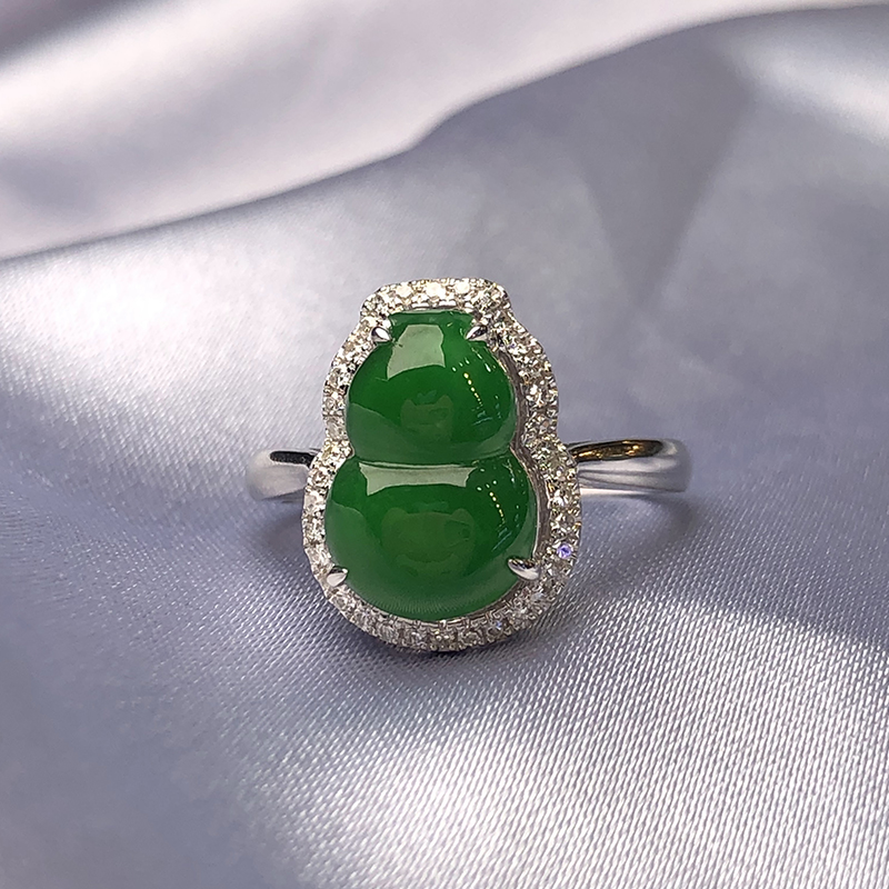 福满-18k金镶钻冰种满绿葫芦戒指